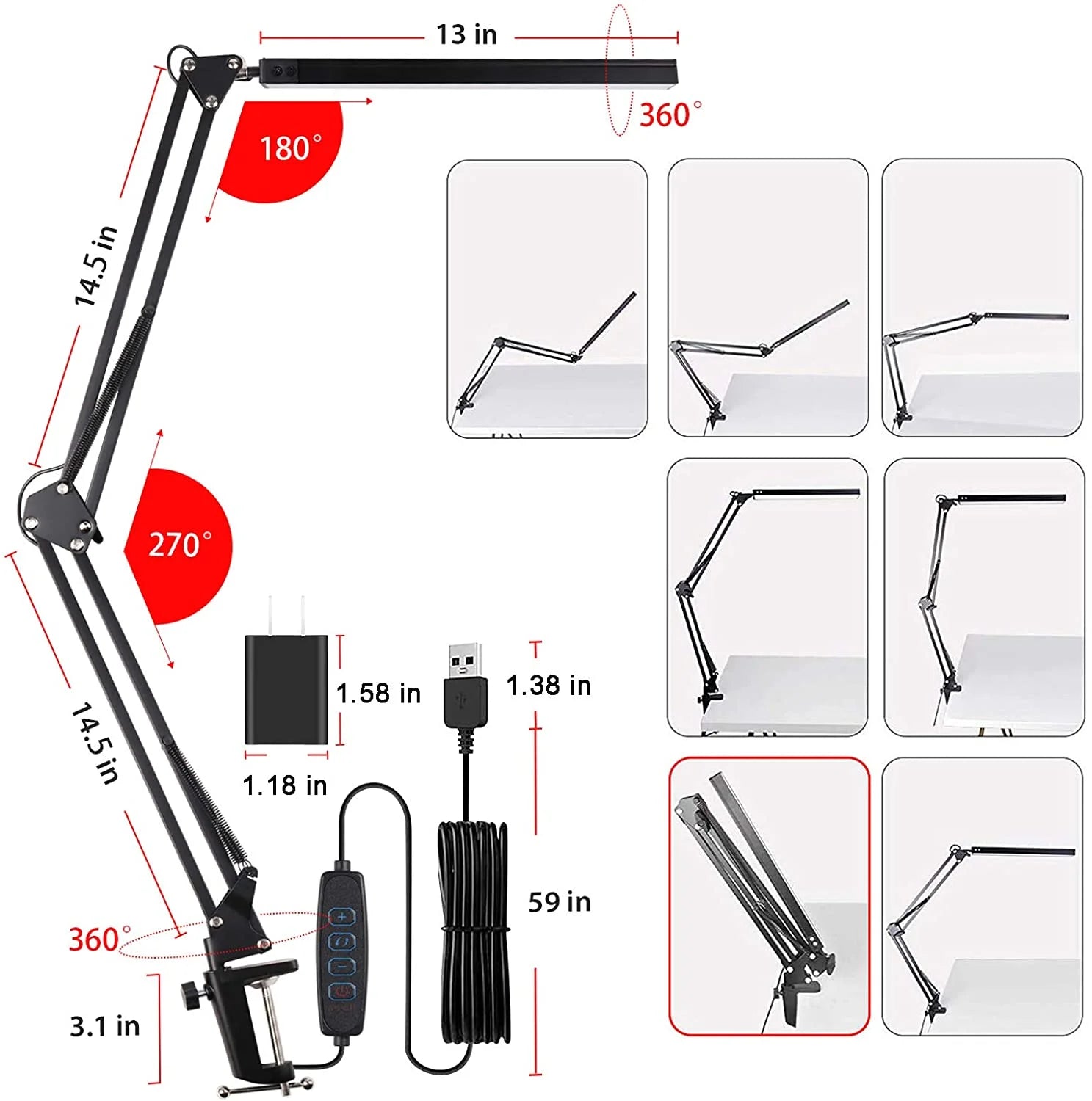 LED Desk Lamp with Clamp, Swing Arm Desk Lamp, Adjustable Desk Light Eye-Care Table Light(3 Color Modes, 10-Level Dimmer, Eye Care)