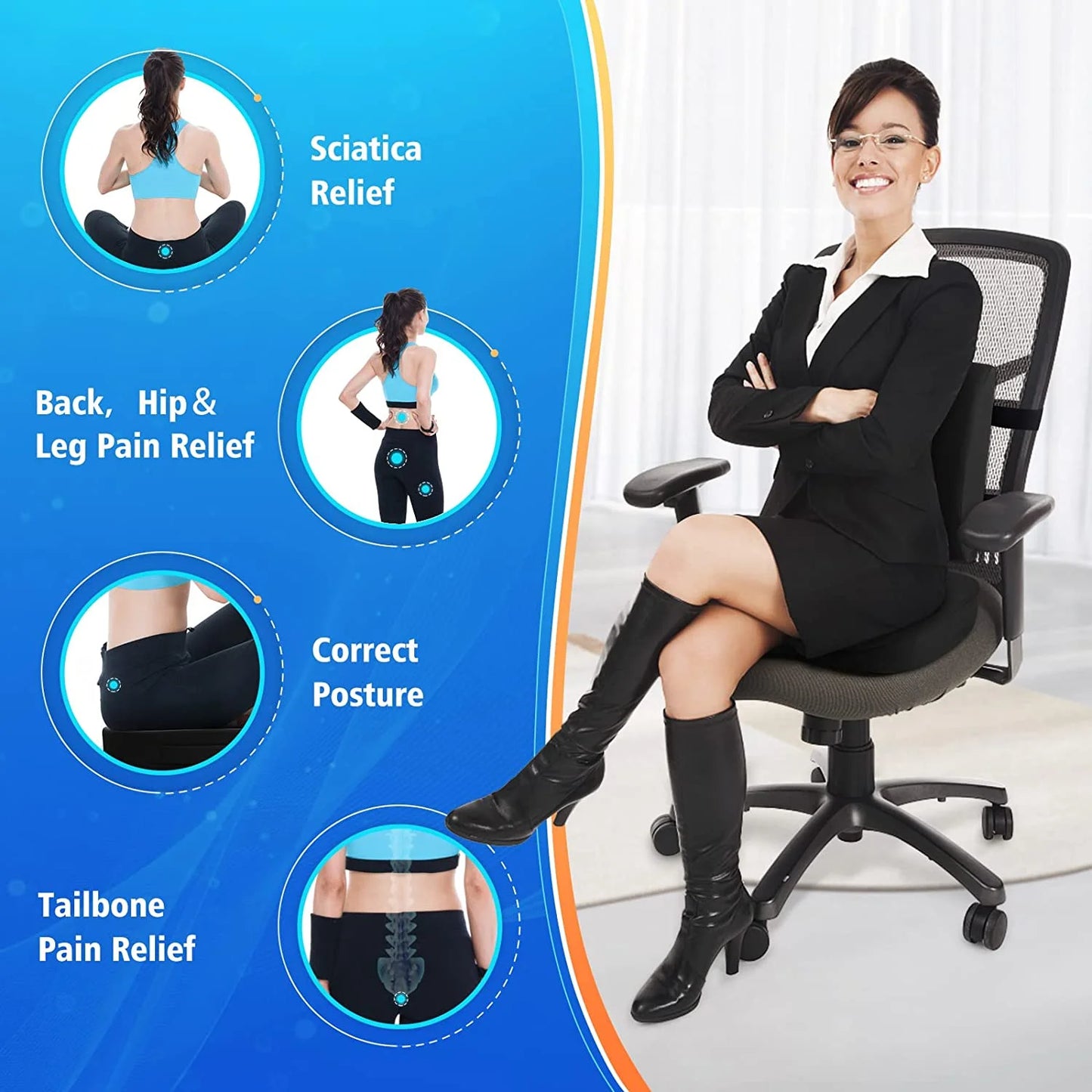 Seat Cushion and Lumbar Support Pillow for Office Chair, Memory Foam Car Seat Cushions Back Support Pillows, Help Relieve Pain of Back, Lumbar, Tailbone and Sciatic Nerve (Black)