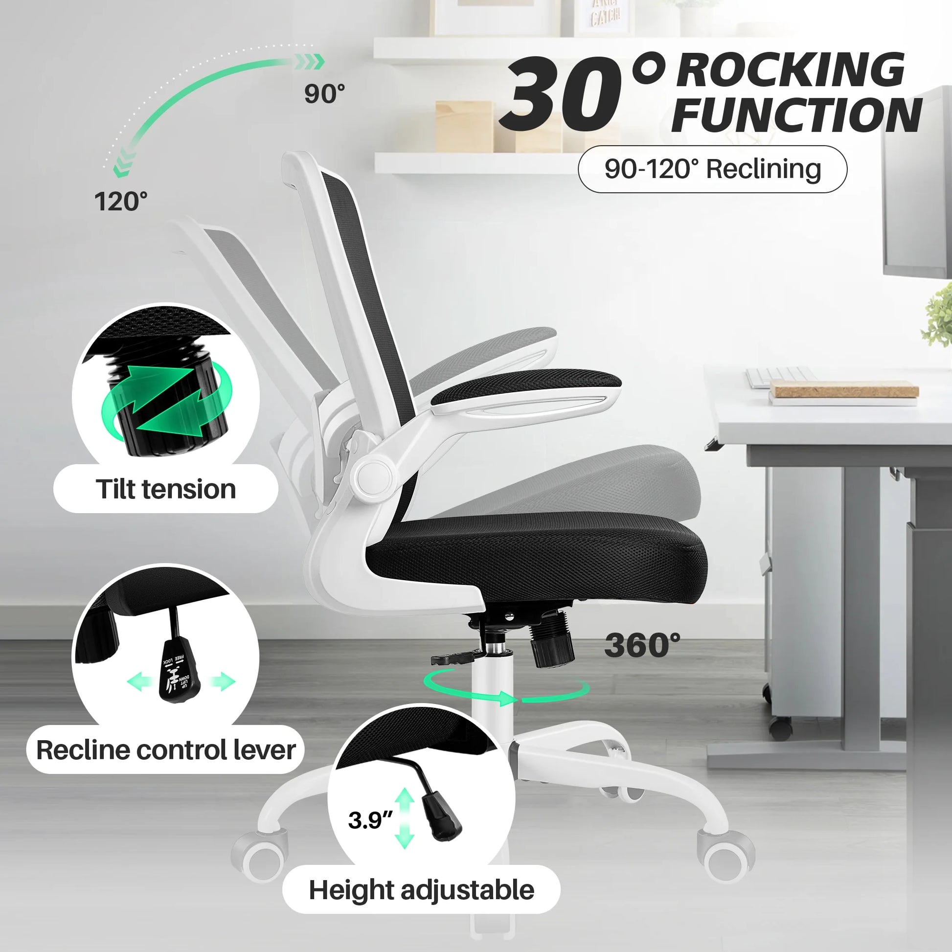 Ergonomic Office Chair, Home Office Desk Chair, Comfort Mesh Task Chair with Adjustable Lumbar Support and Flip up Arms, White