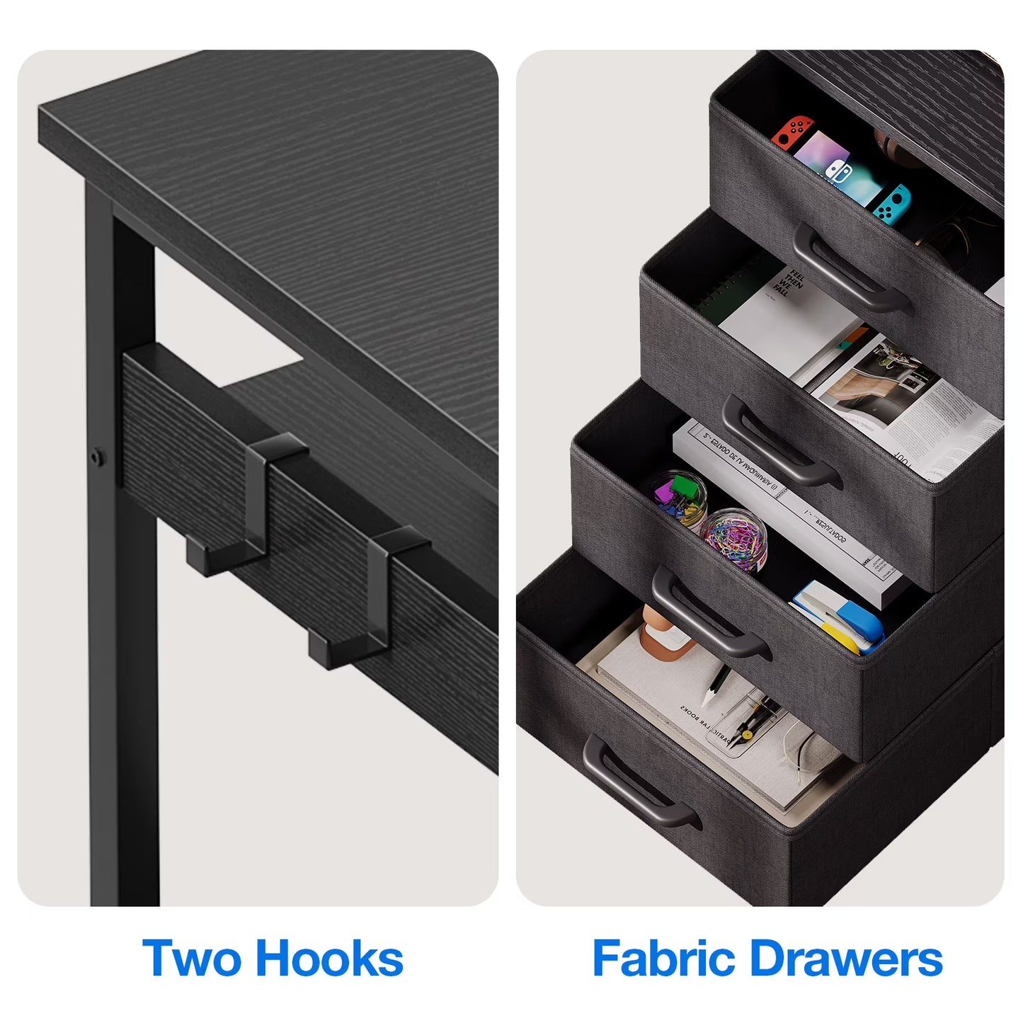 Reversible L Shaped Corner Desk with Charging Station and Drawers, Modern Office & Gaming Desk, Pure Black
