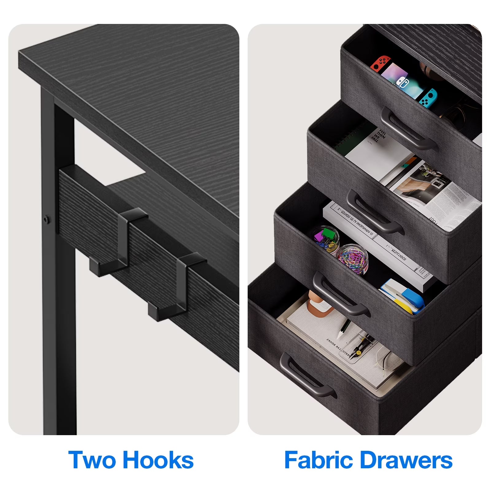 Reversible L Shaped Corner Desk with Charging Station and Drawers, Modern Office & Gaming Desk, Pure Black