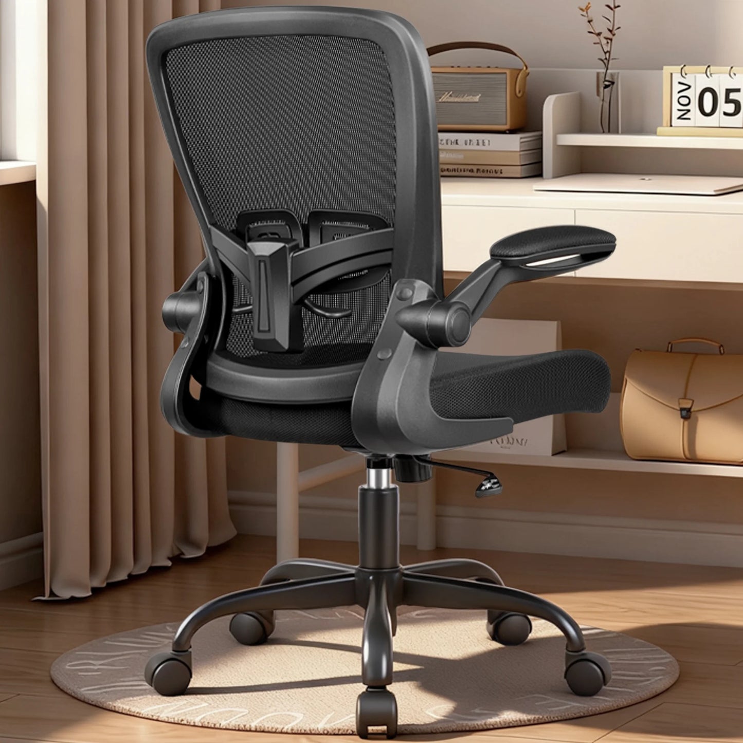 Ergonomic Office Chair, Home Office Desk Chair, Comfort Mesh Task Chair with Adjustable Lumbar Support and Flip up Arms, Black