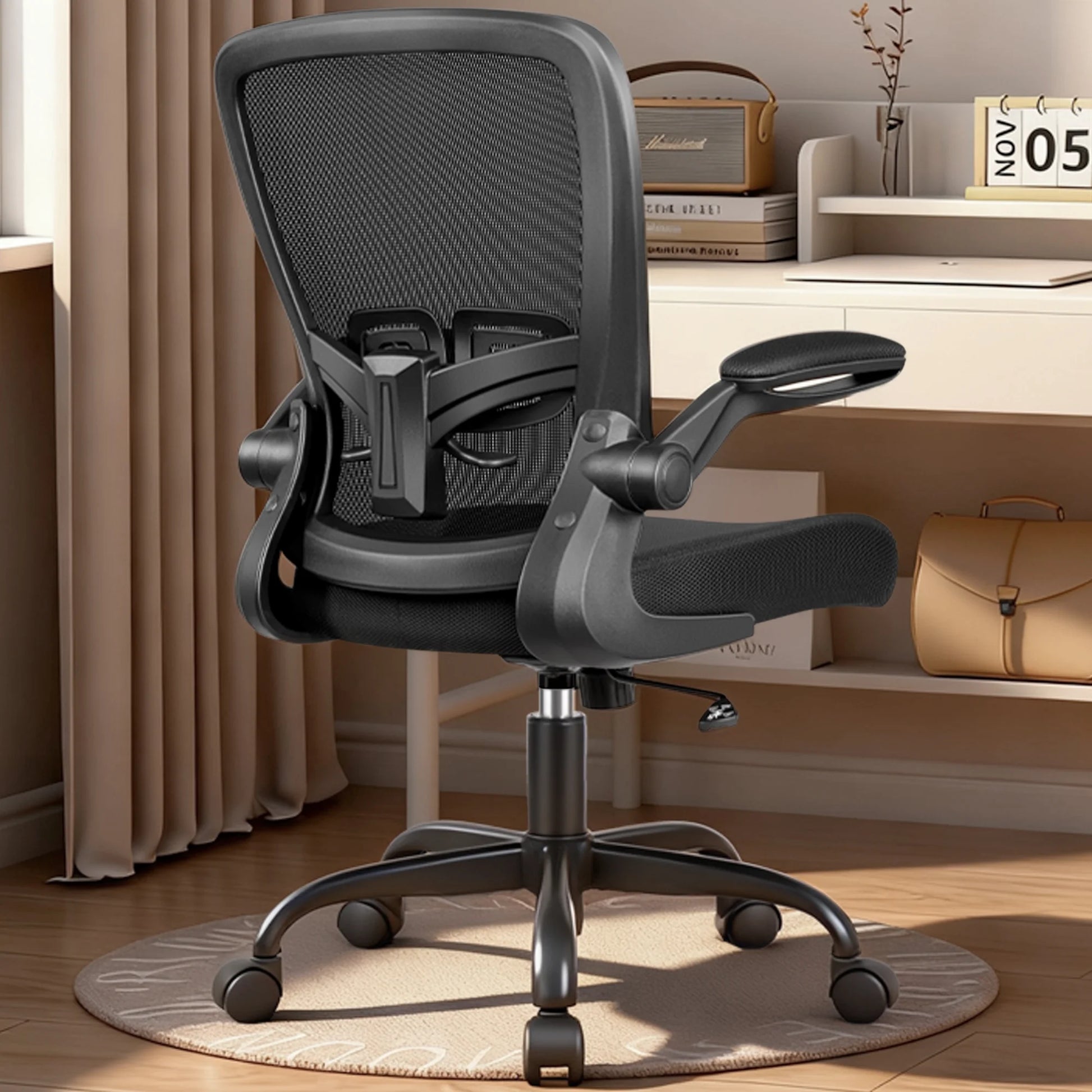 Ergonomic Office Chair, Home Office Desk Chair, Comfort Mesh Task Chair with Adjustable Lumbar Support and Flip up Arms, Black