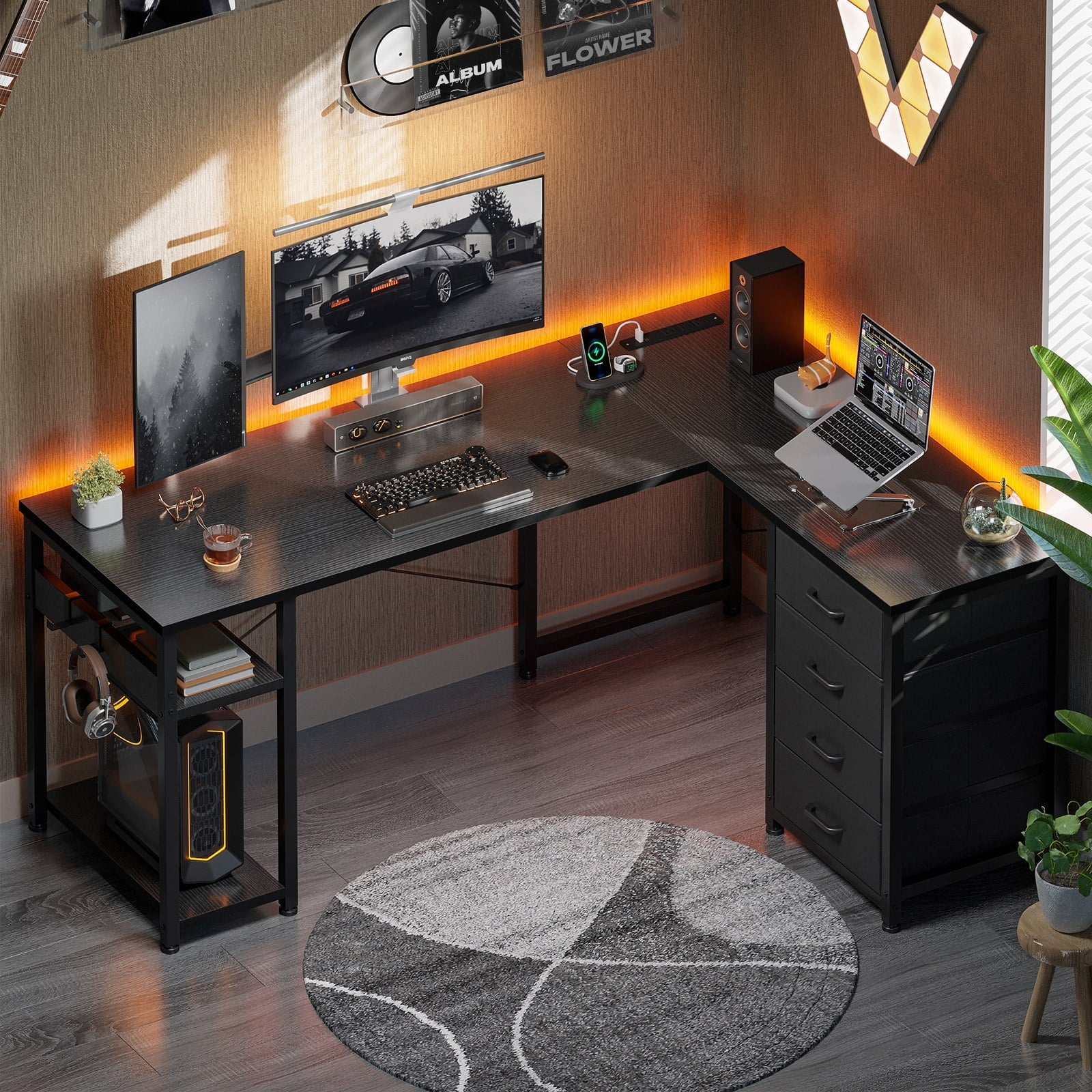 Reversible L Shaped Corner Desk with Charging Station and Drawers, Modern Office & Gaming Desk, Pure Black