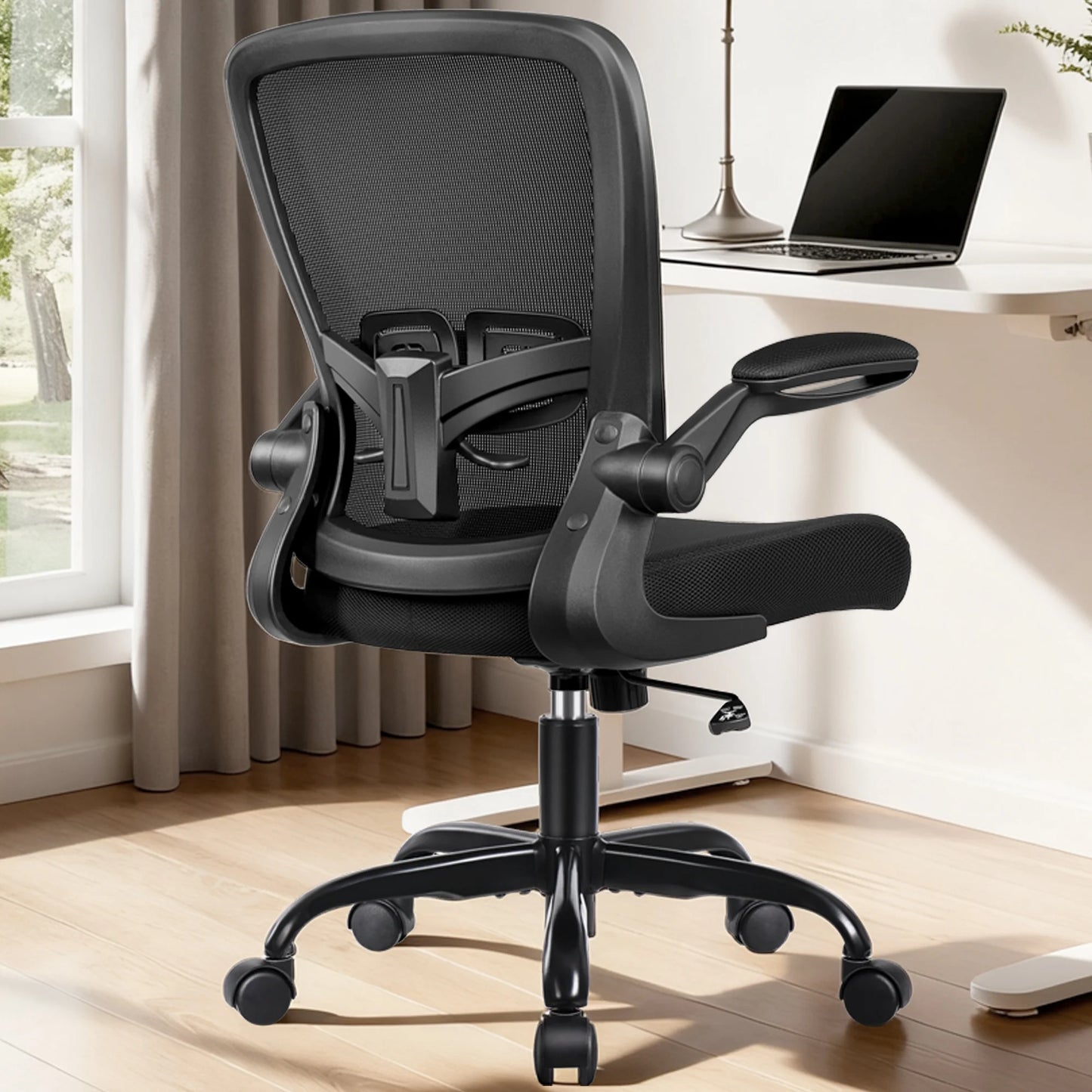 Ergonomic Office Chair, Home Office Desk Chair, Comfort Mesh Task Chair with Adjustable Lumbar Support and Flip up Arms, Black