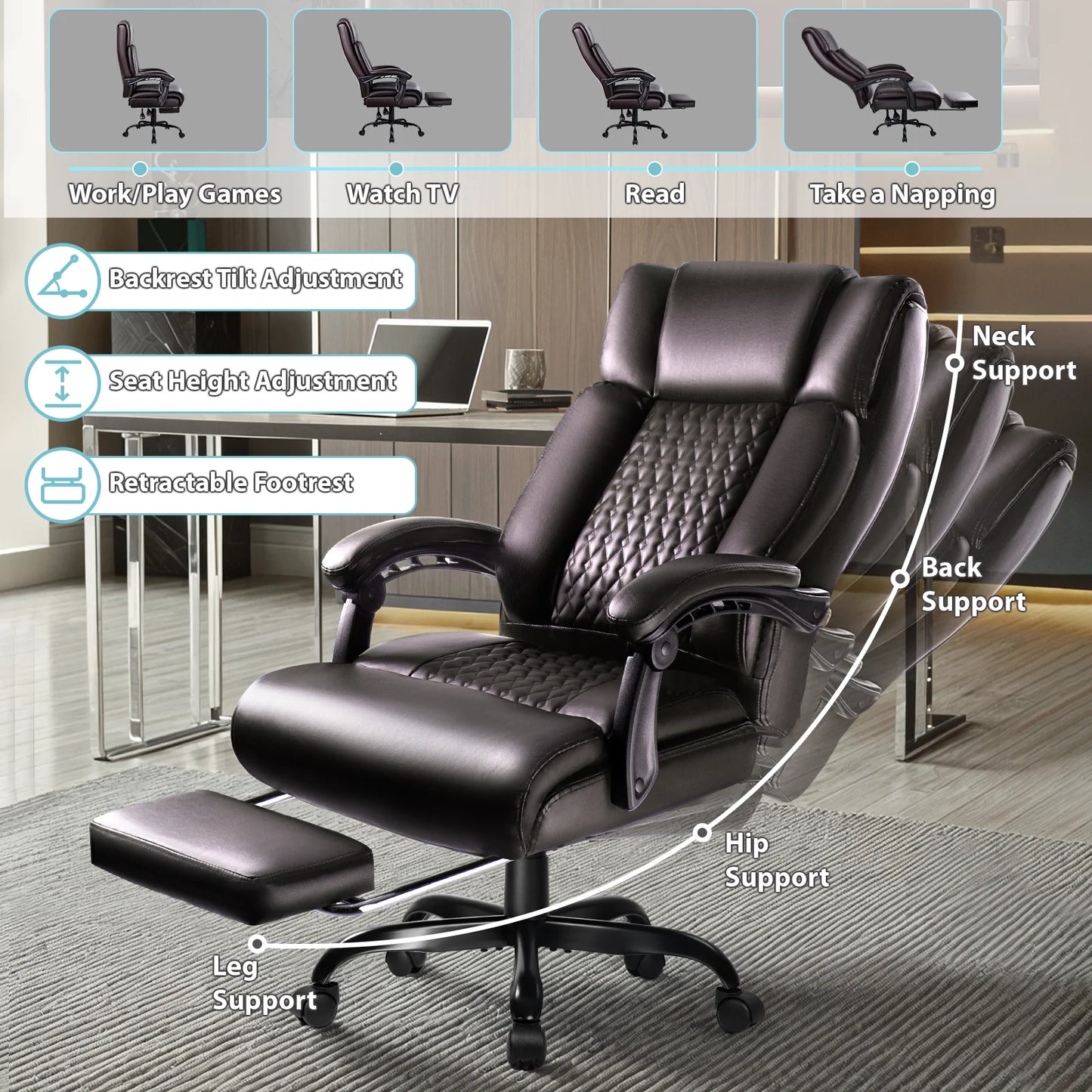 Office Chair with Footrest,90-165°Reclining Ergonomic High Back Computer Desk Chair Lumbar Support for Home Office