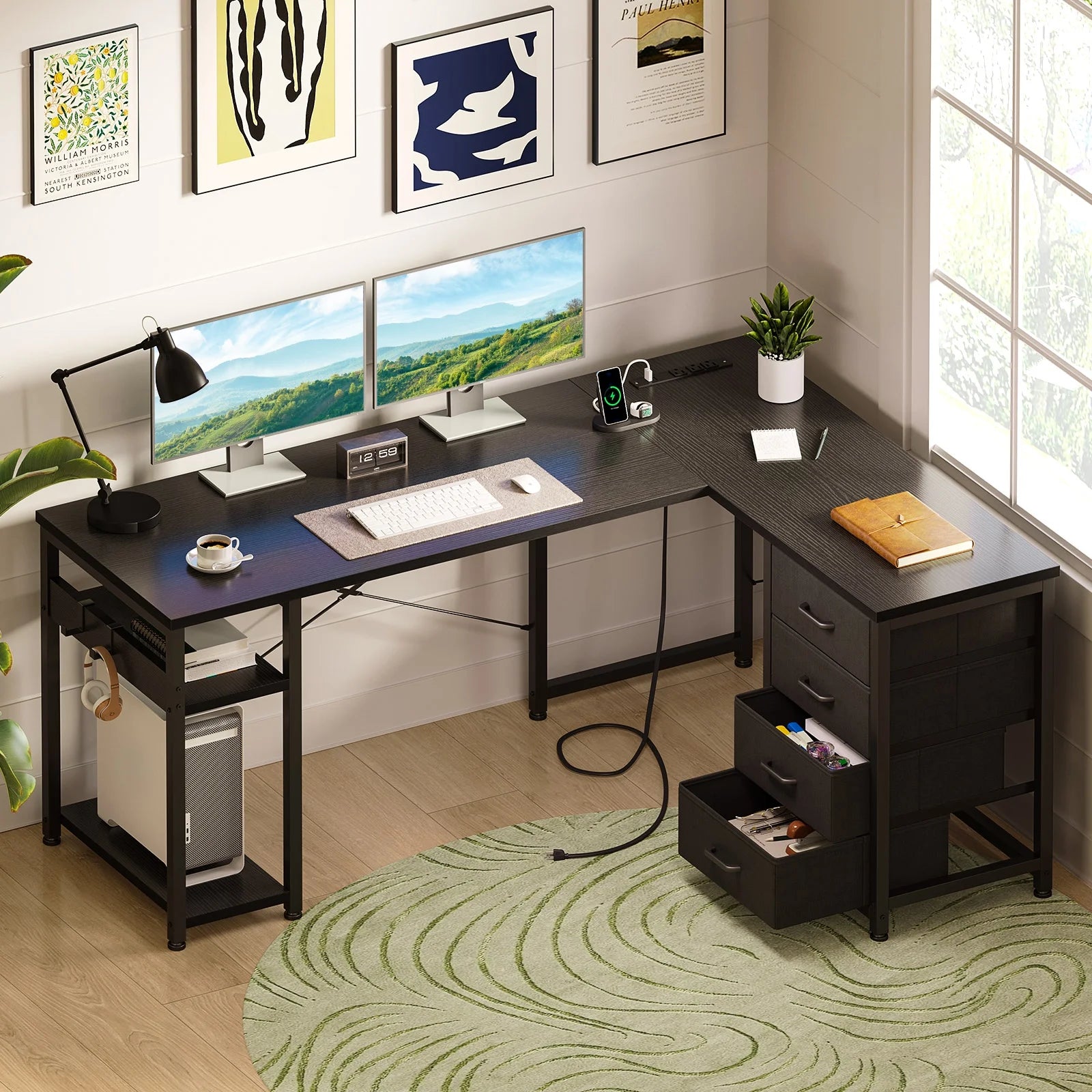 Reversible L Shaped Corner Desk with Charging Station and Drawers, Modern Office & Gaming Desk, Pure Black