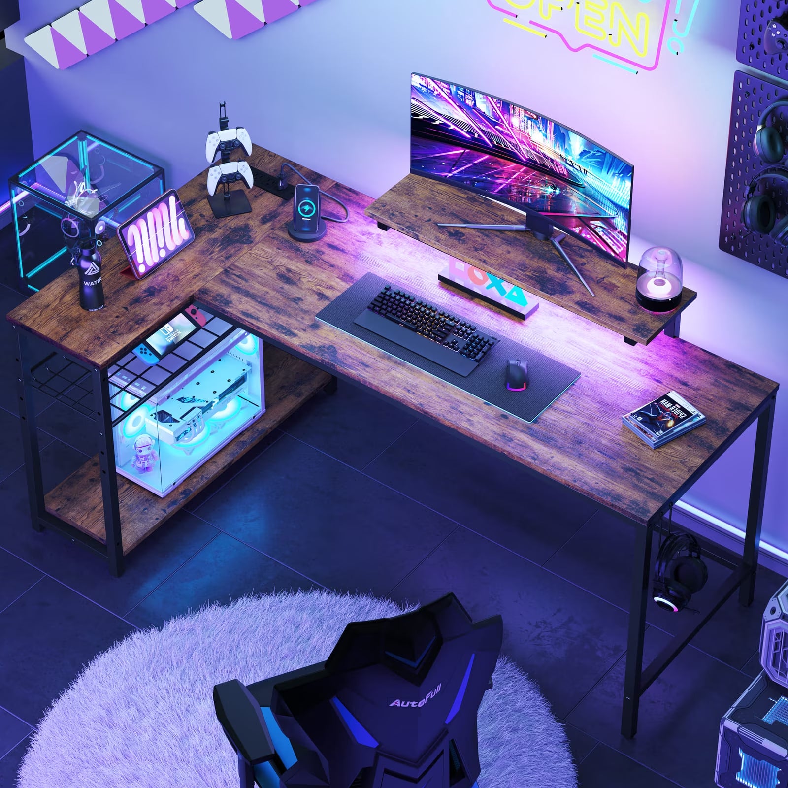 58" Computer Desk with LED Lights L Shaped Corner Desk with Power Outlet & Monitor Stand Home Office Desk, Rustic