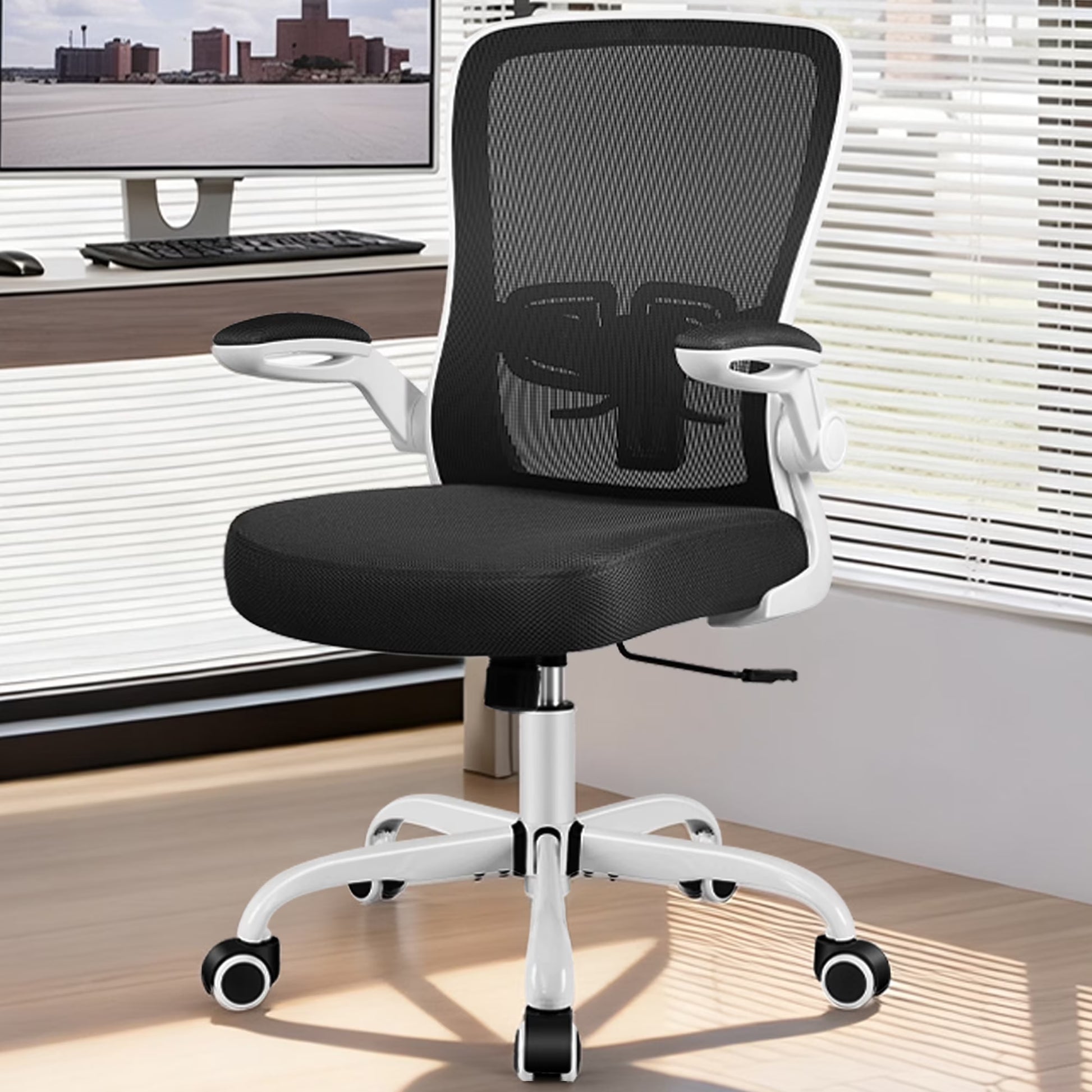 Ergonomic Office Chair, Home Office Desk Chair, Comfort Mesh Task Chair with Adjustable Lumbar Support and Flip up Arms, White