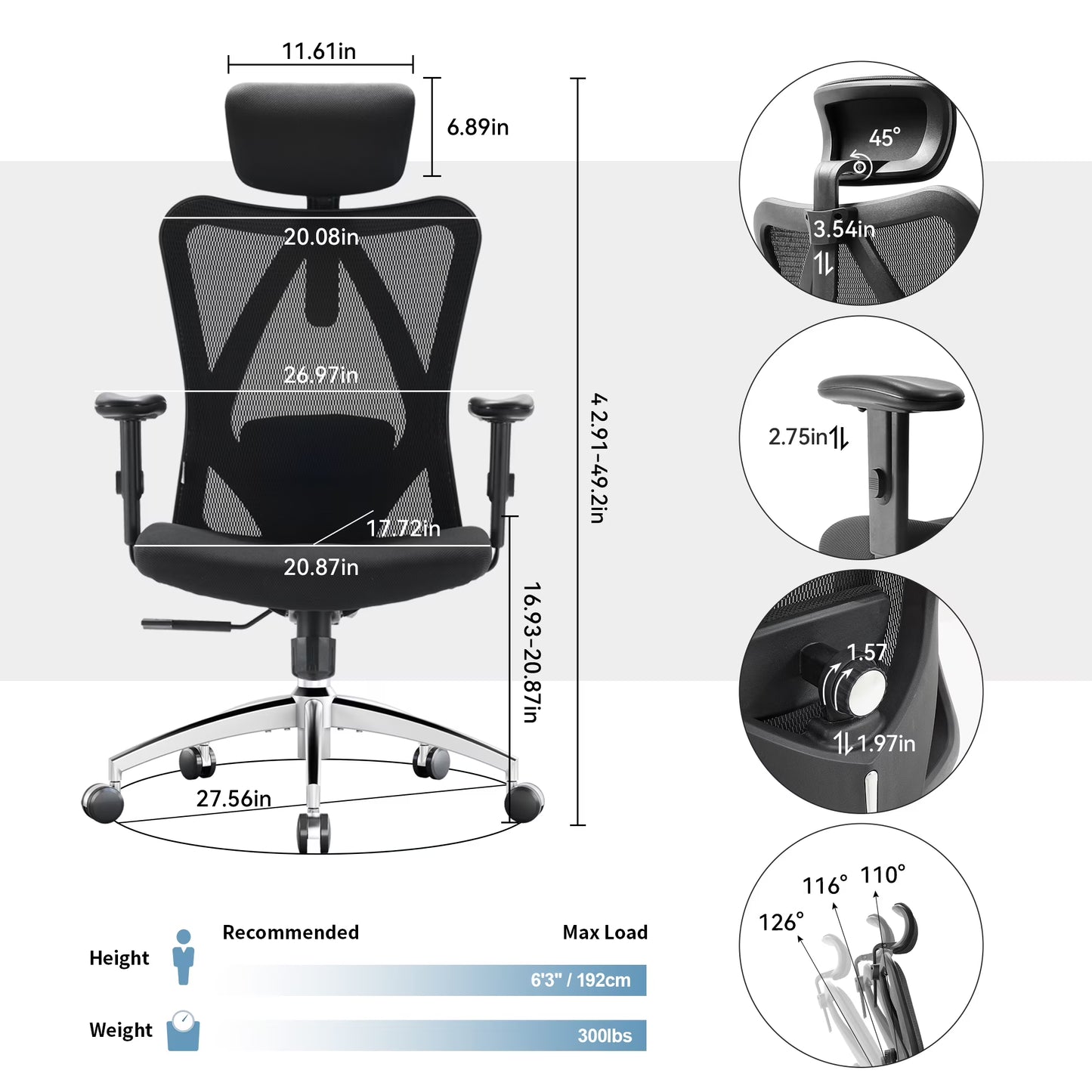 M18 Mesh Ergonomic Office Chair with Adjustable Lumbar Support, High Back, Black