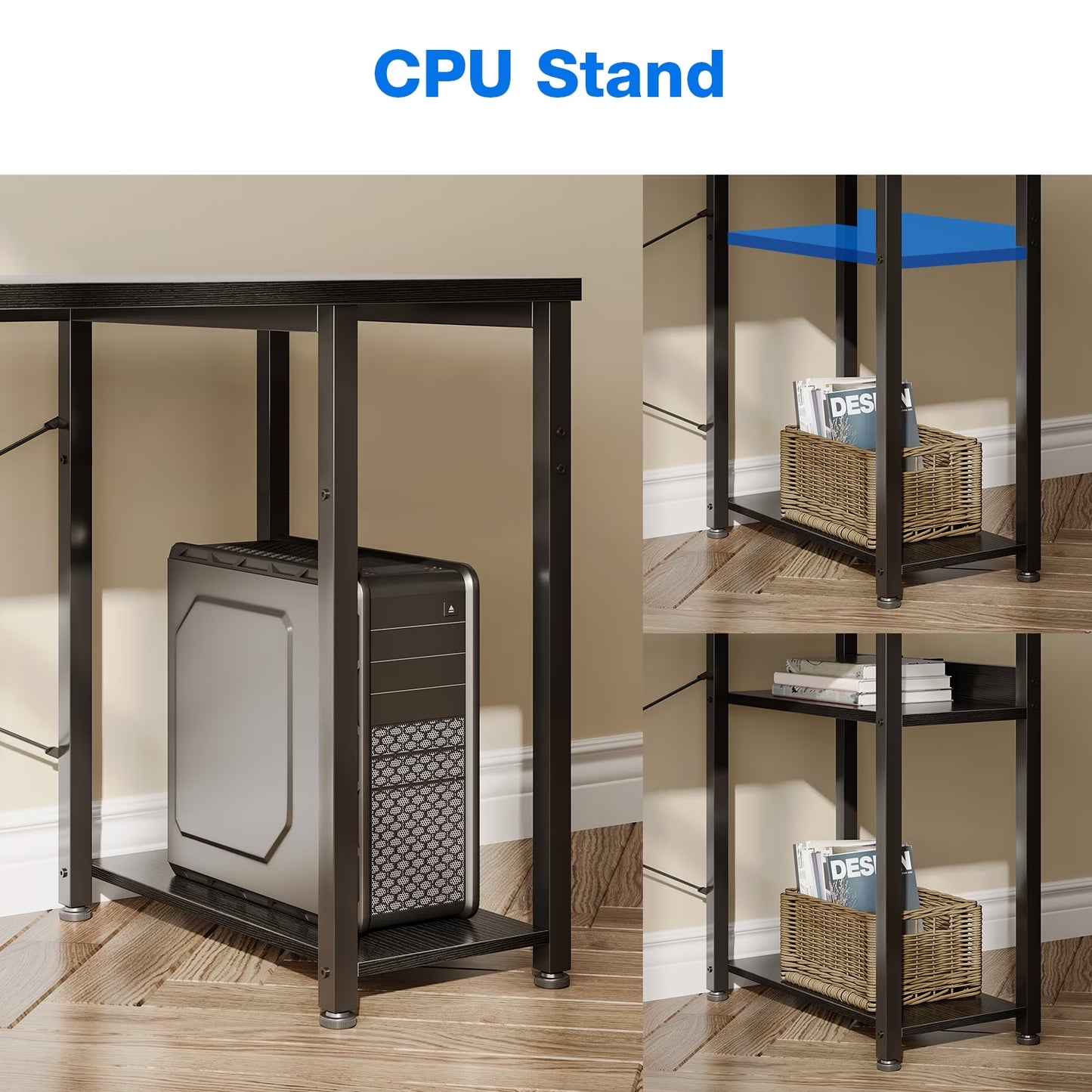 Reversible L Shaped Corner Desk with Charging Station and Drawers, Modern Office & Gaming Desk, Pure Black
