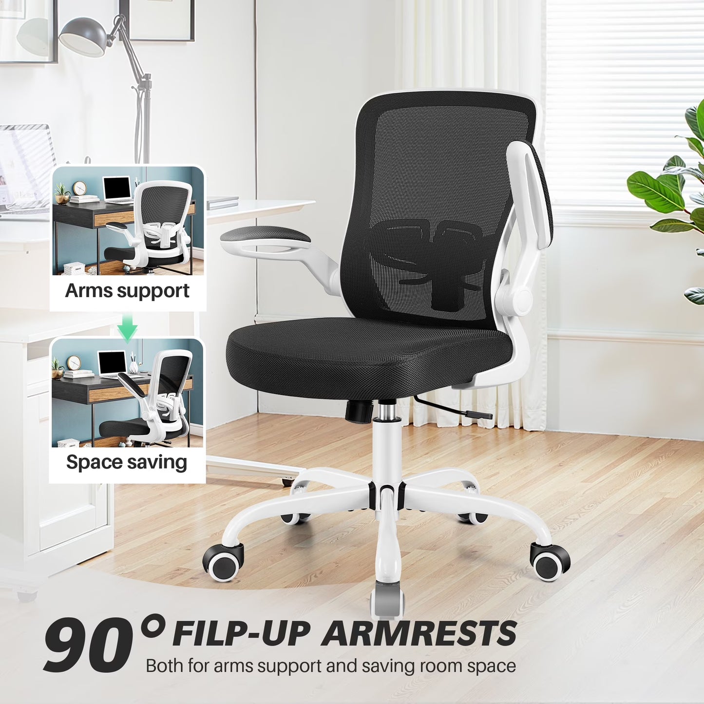 Ergonomic Office Chair, Home Office Desk Chair, Comfort Mesh Task Chair with Adjustable Lumbar Support and Flip up Arms, White