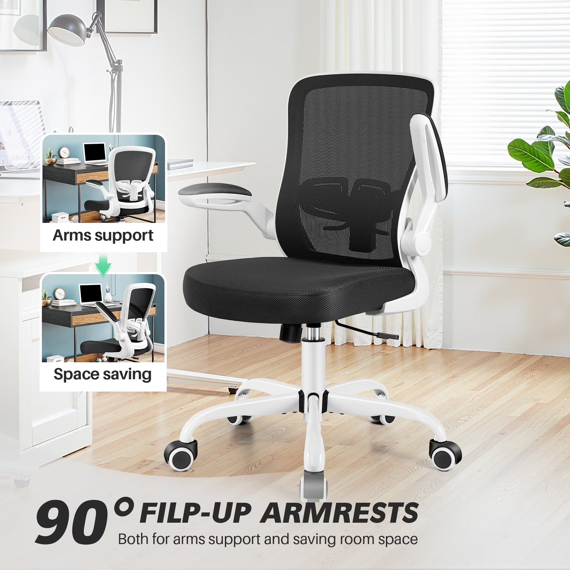 Ergonomic Office Chair, Home Office Desk Chair, Comfort Mesh Task Chair with Adjustable Lumbar Support and Flip up Arms, White