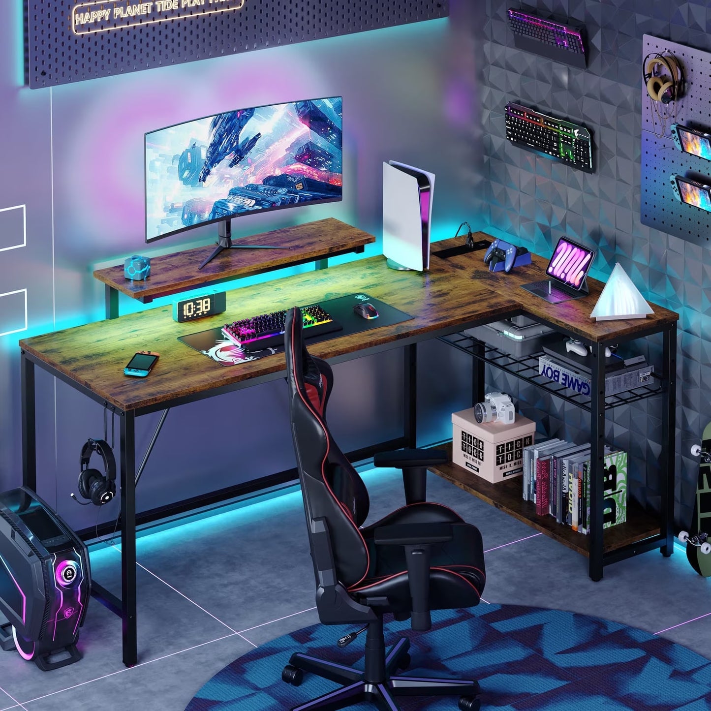 58" Computer Desk with LED Lights L Shaped Corner Desk with Power Outlet & Monitor Stand Home Office Desk, Rustic