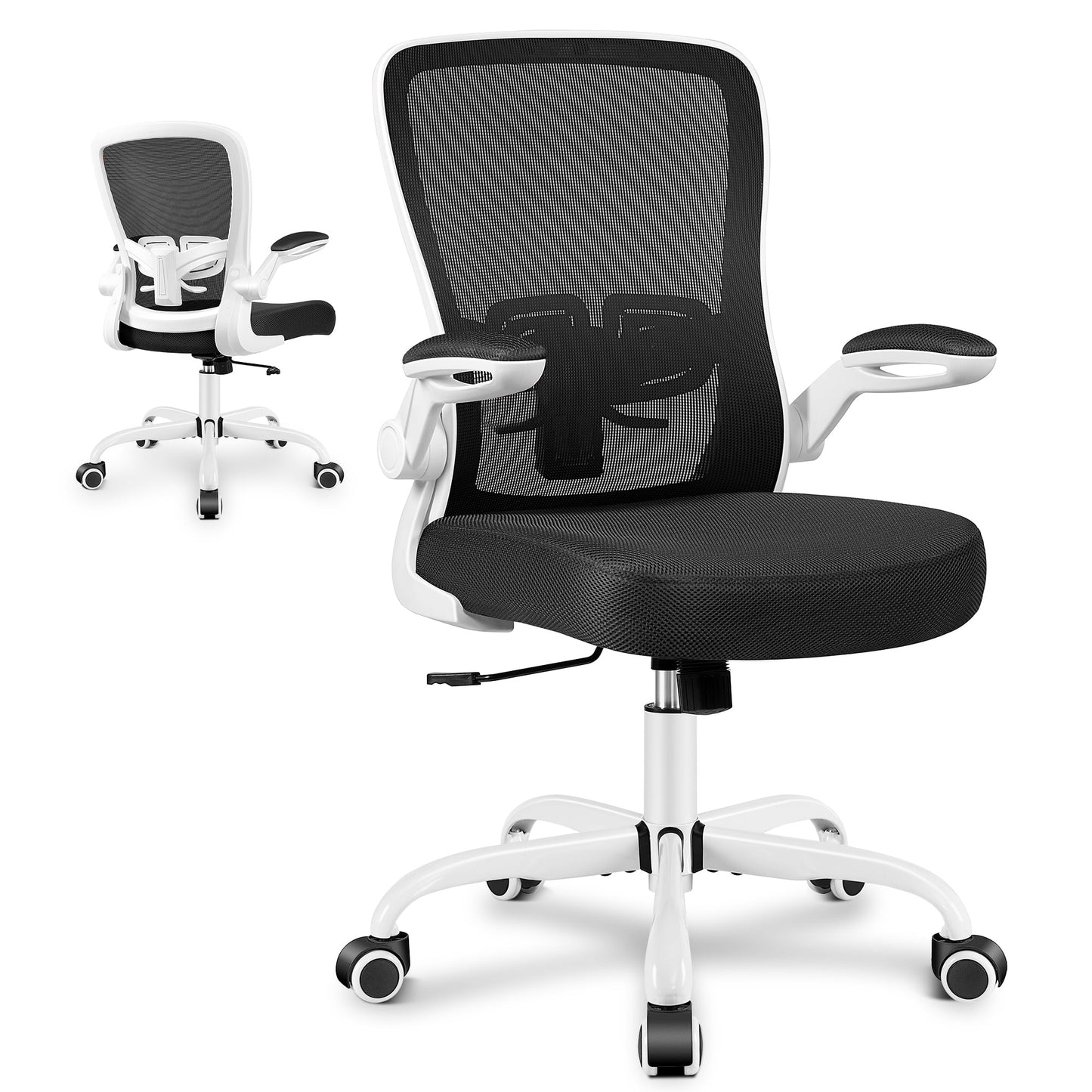 Ergonomic Office Chair, Home Office Desk Chair, Comfort Mesh Task Chair with Adjustable Lumbar Support and Flip up Arms, White