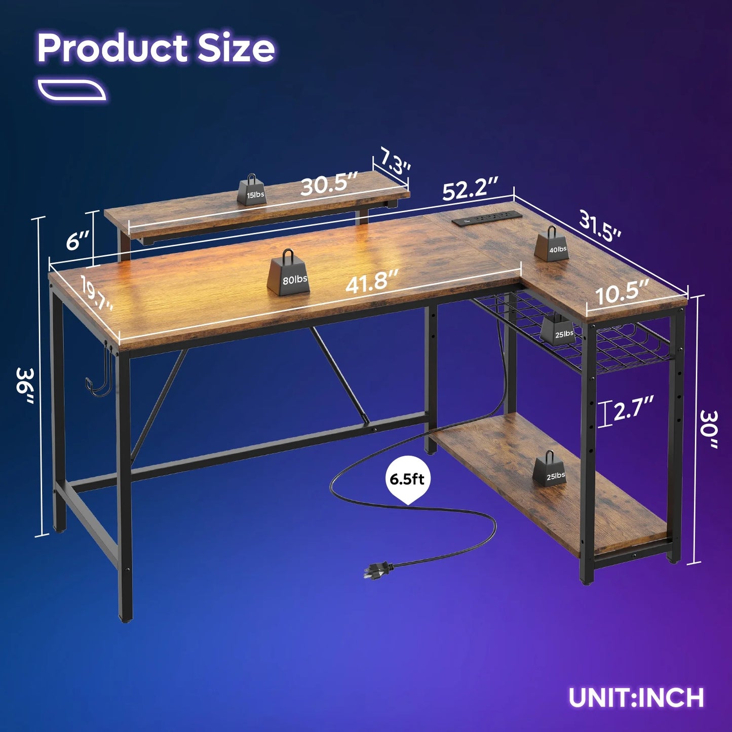 52" Computer Desk with LED Lights L Corner Shaped Desk with Power Outlet & Monitor Stand Home Office Desk in Rustic