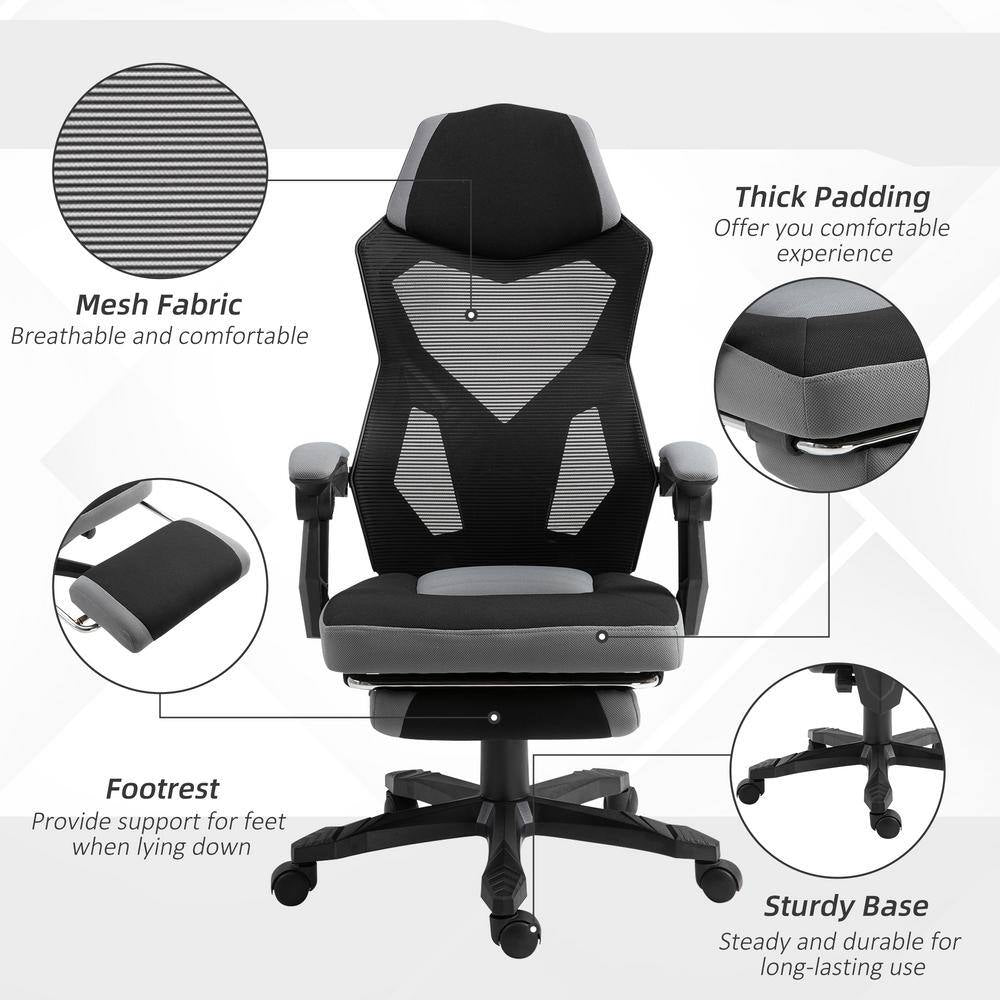 Grey, Ergonomic Home Office Chair High Back Armchair Computer Desk Recliner with Footrest, Mesh Back, Lumbar Support