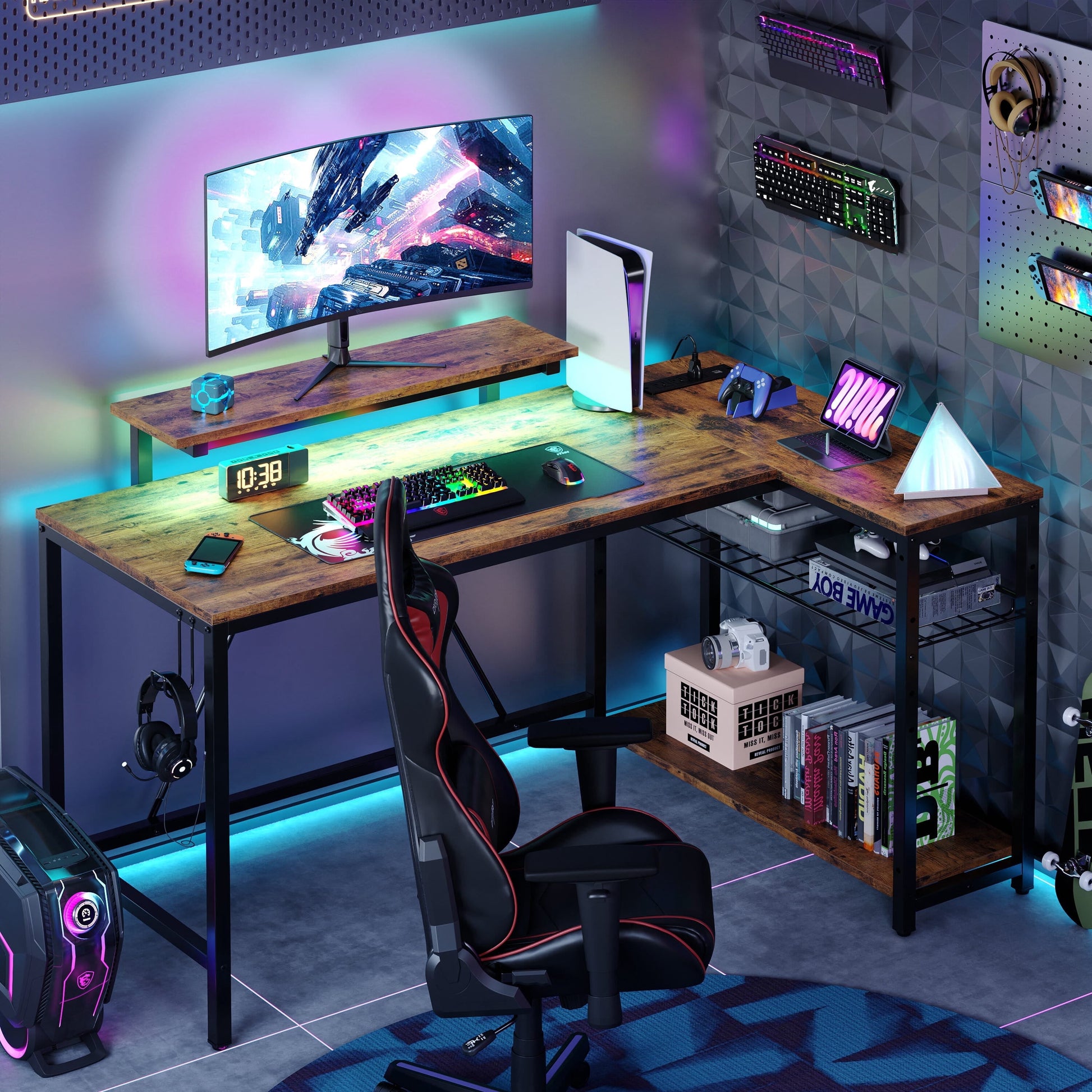 52" Computer Desk with LED Lights L Corner Shaped Desk with Power Outlet & Monitor Stand Home Office Desk in Rustic