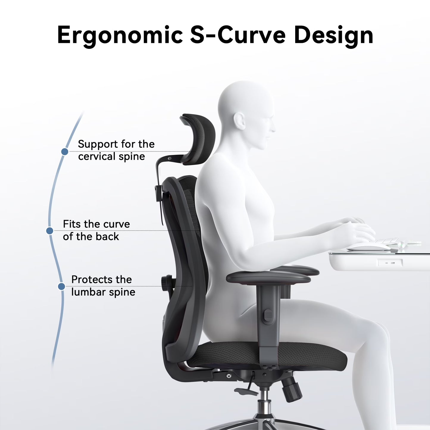 M18 Mesh Ergonomic Office Chair with Adjustable Lumbar Support, High Back, Black
