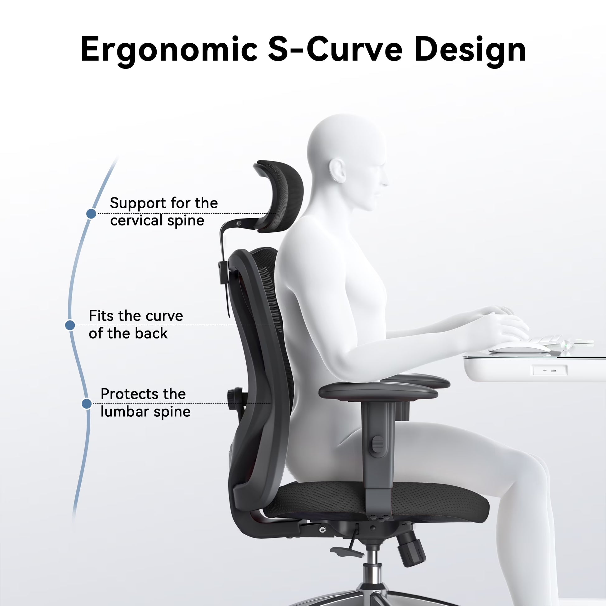 M18 Mesh Ergonomic Office Chair with Adjustable Lumbar Support, High Back, Black