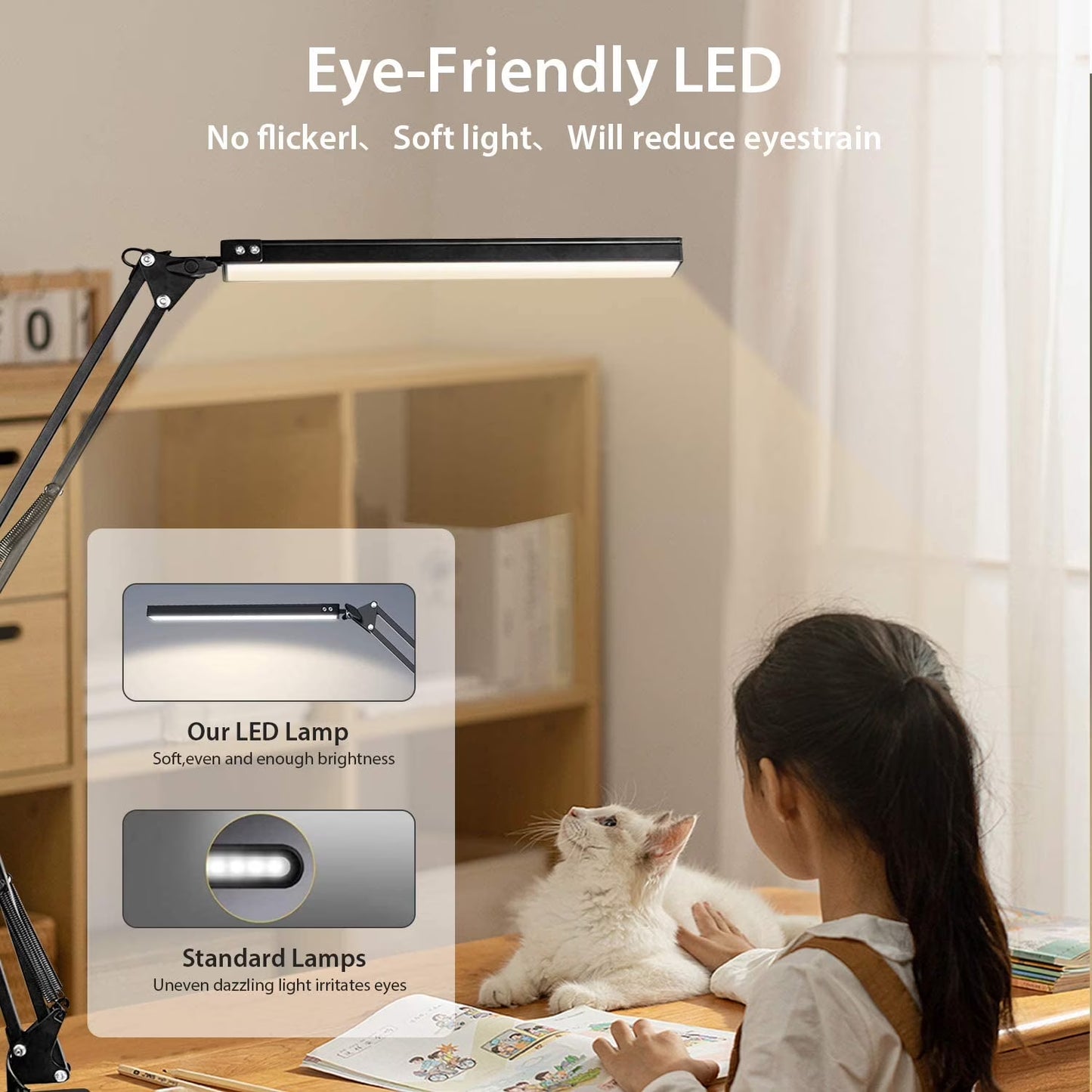 LED Desk Lamp with Clamp, Swing Arm Desk Lamp, Adjustable Desk Light Eye-Care Table Light(3 Color Modes, 10-Level Dimmer, Eye Care)