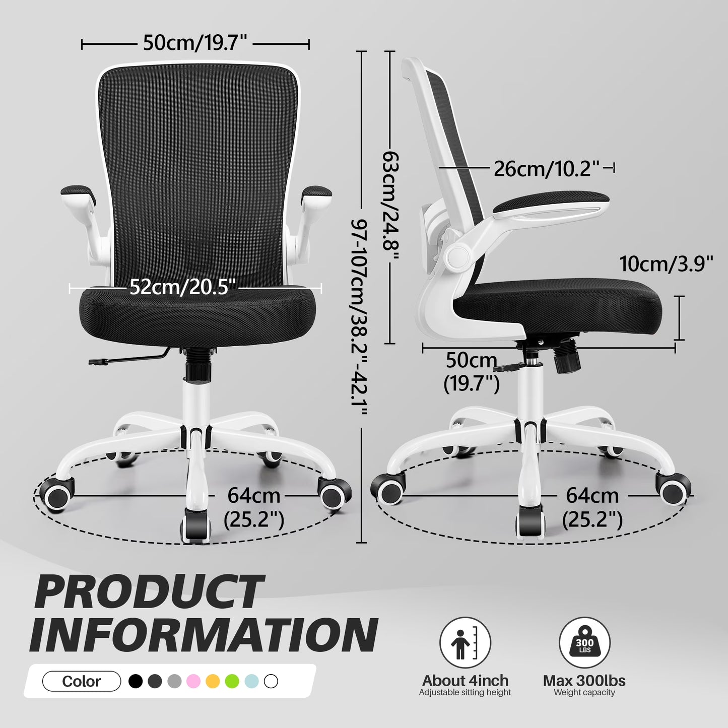 Ergonomic Office Chair, Home Office Desk Chair, Comfort Mesh Task Chair with Adjustable Lumbar Support and Flip up Arms, White