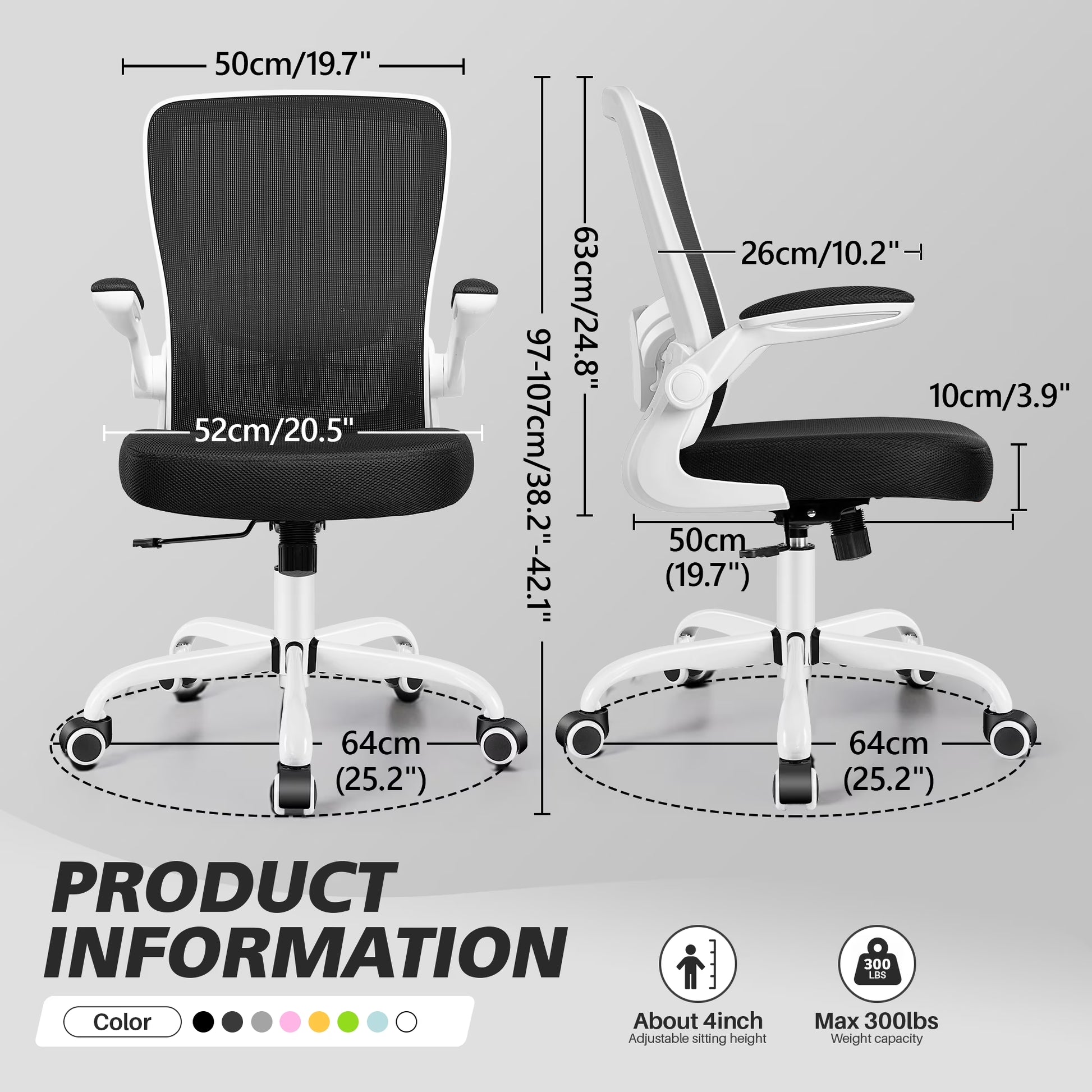 Ergonomic Office Chair, Home Office Desk Chair, Comfort Mesh Task Chair with Adjustable Lumbar Support and Flip up Arms, White
