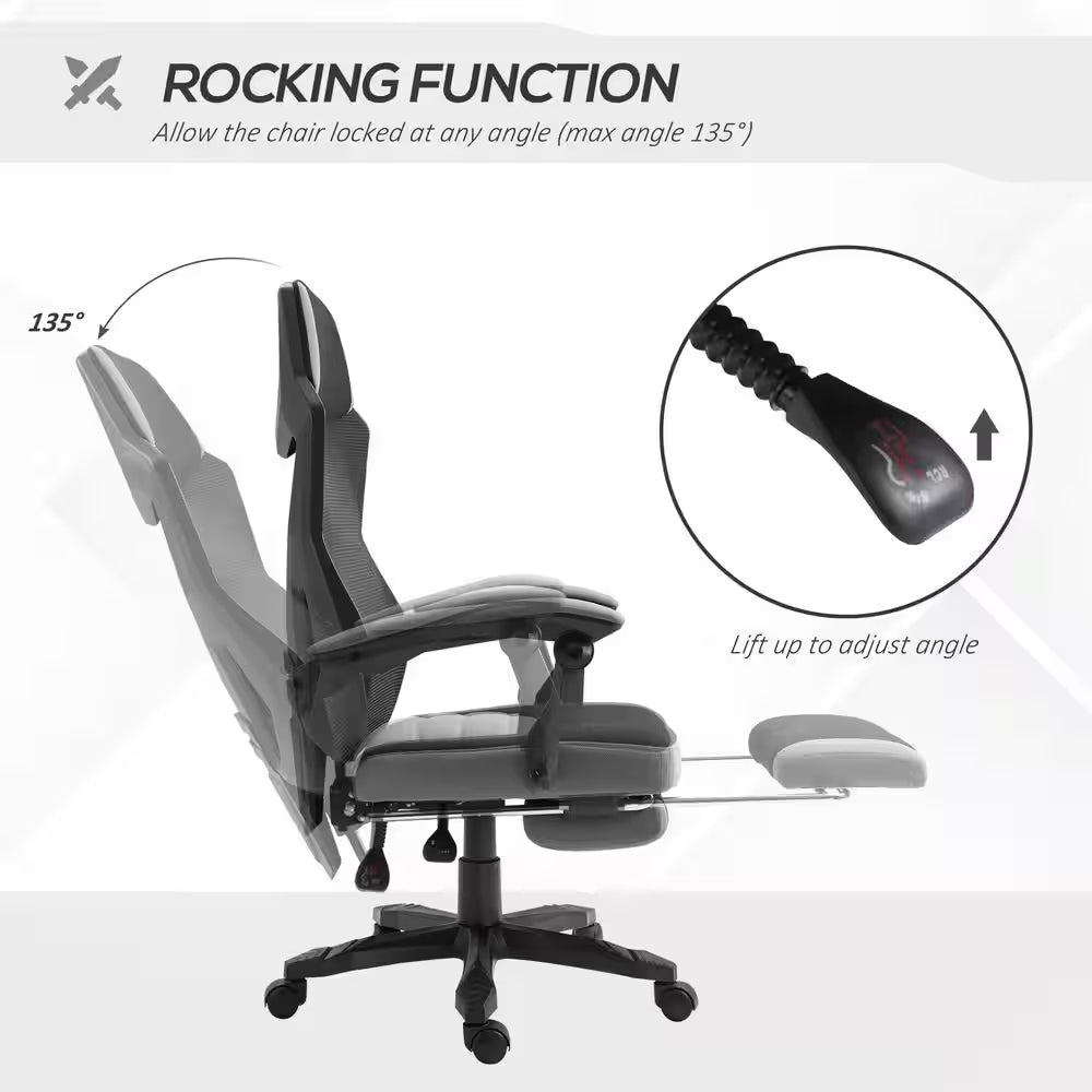 Grey, Ergonomic Home Office Chair High Back Armchair Computer Desk Recliner with Footrest, Mesh Back, Lumbar Support