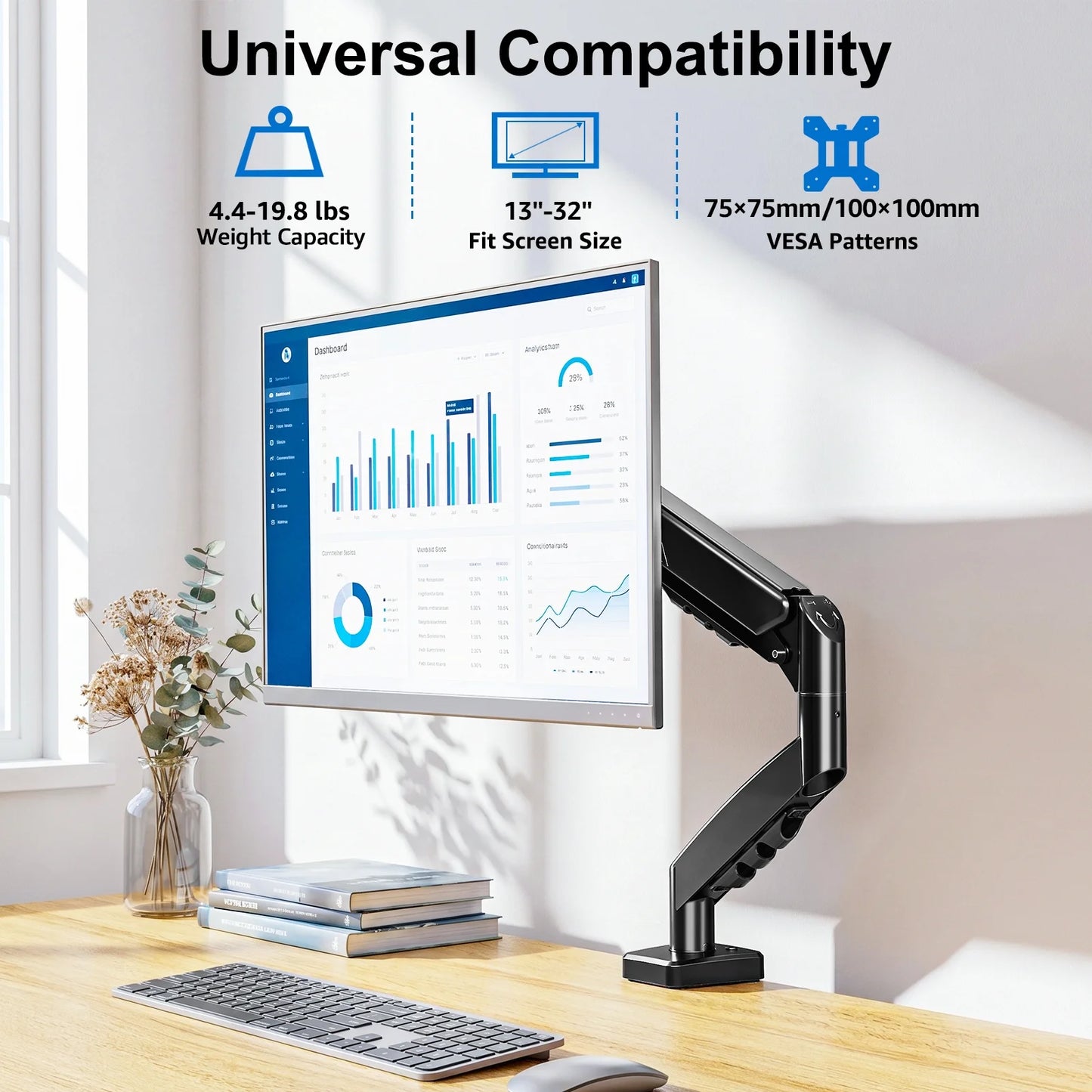 Single Monitor Desk Mount for 13"-32" Screens, Computer Monitors Stand, Height Adjustable Monitor Mount, with Gas Spring Monitor Arm Fit 4.4-19.8 Lbs