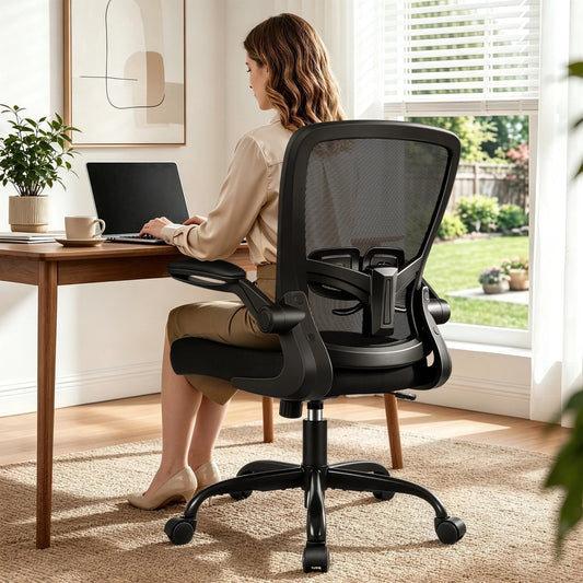 Ergonomic Office Chair, Home Office Desk Chair, Comfort Mesh Task Chair with Adjustable Lumbar Support and Flip up Arms, Black