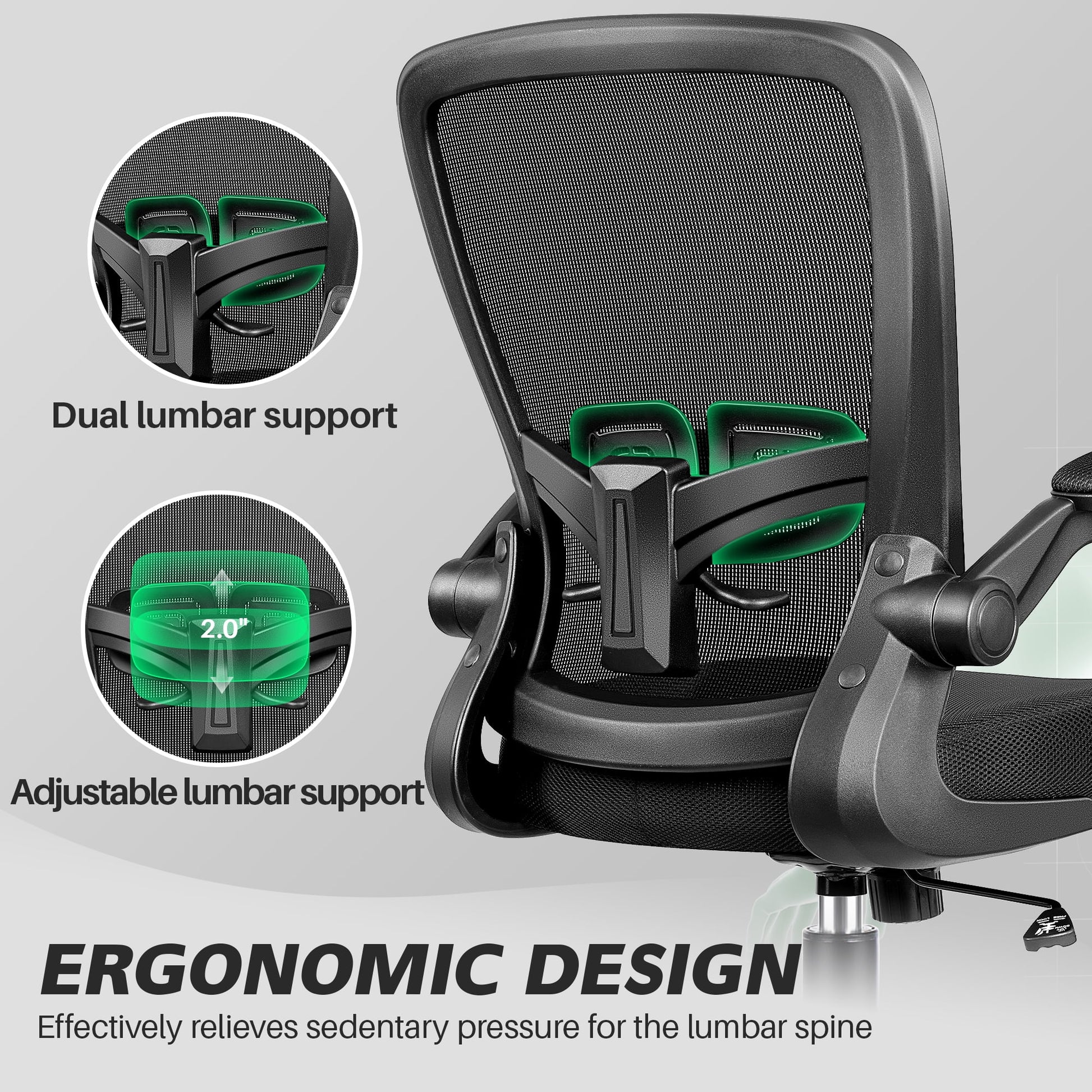 Ergonomic Office Chair, Home Office Desk Chair, Comfort Mesh Task Chair with Adjustable Lumbar Support and Flip up Arms, Black
