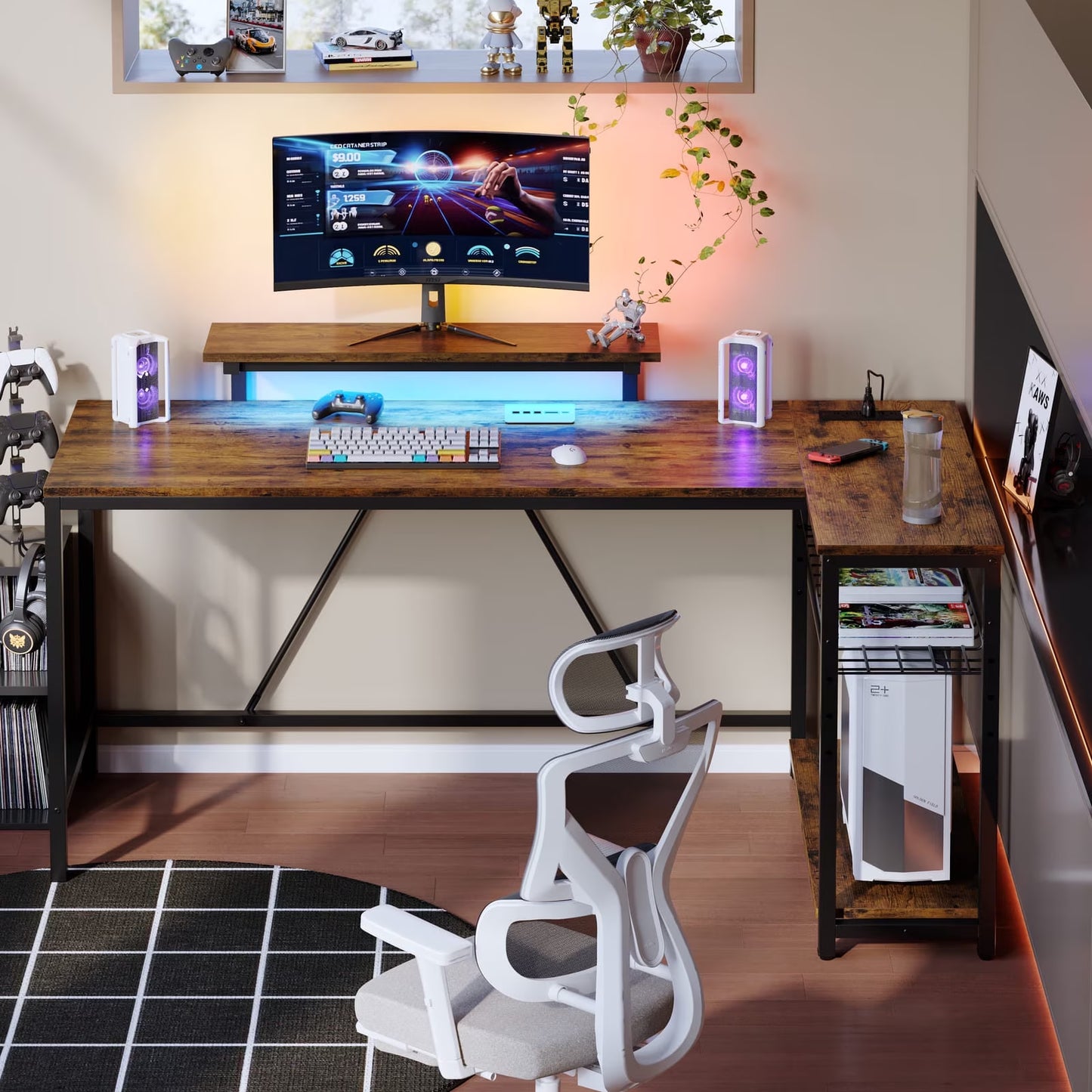 58" Computer Desk with LED Lights L Shaped Corner Desk with Power Outlet & Monitor Stand Home Office Desk, Rustic