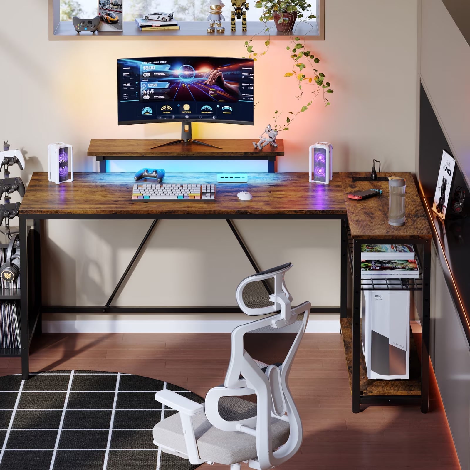 58" Computer Desk with LED Lights L Shaped Corner Desk with Power Outlet & Monitor Stand Home Office Desk, Rustic